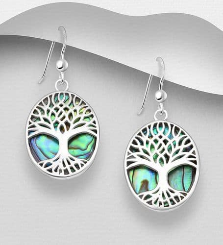 925 Sterling Silver Oval Tree Of Life Hook/Drop Earrings with Abalone Shell