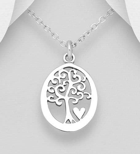 925 Sterling Silver Oval Tree of Life Pendant & Chain, With a Small Heart
