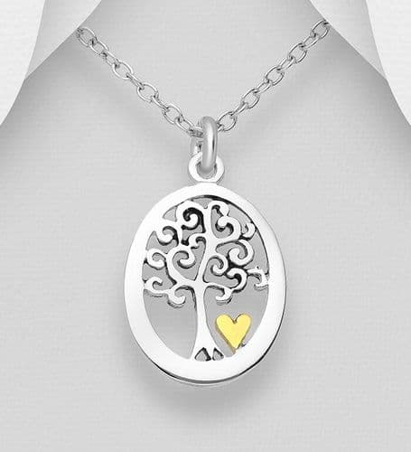 925 Sterling Silver Oval Tree of Life Pendant & Chain with Small Heart Plated with 18ct Gold