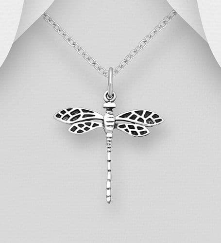 925 Sterling Silver Oxidised Dragonfly Pendant & Chain - The perfect accessory for nature lovers