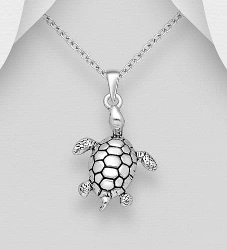 925 Sterling Silver Oxidised Turtle Pendant & Chain - Adorable