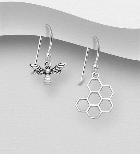 925 Sterling Silver Oxidized Bee and Honey Comb Hook Drop Earrings