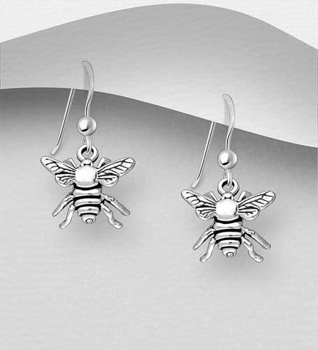 925 Sterling Silver Oxidized Bee Hook Drop Earrings