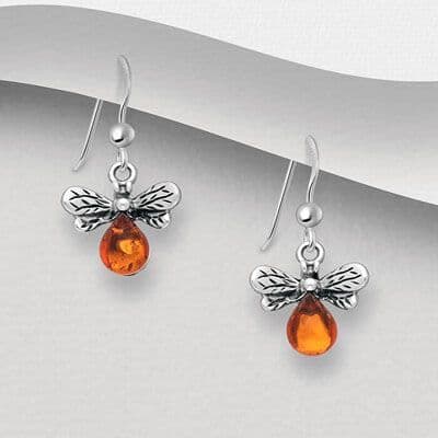 925 Sterling Silver Oxidized Bee Hook Earrings, Decorated with Baltic Amber