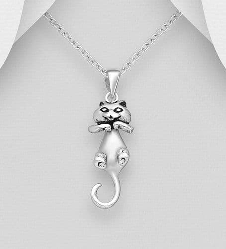 925 Sterling Silver Oxidized Cat Pendant & Chain - Perfect for Cat Lovers!