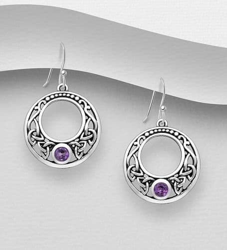 925 Sterling Silver Oxidized Celtic Hook Earrings, Decorated with Amethyst