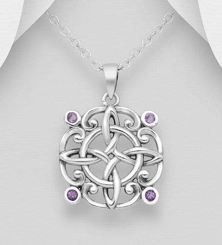 925 Sterling Silver Oxidized Celtic Pendant & Chain, Decorated with Amethysts