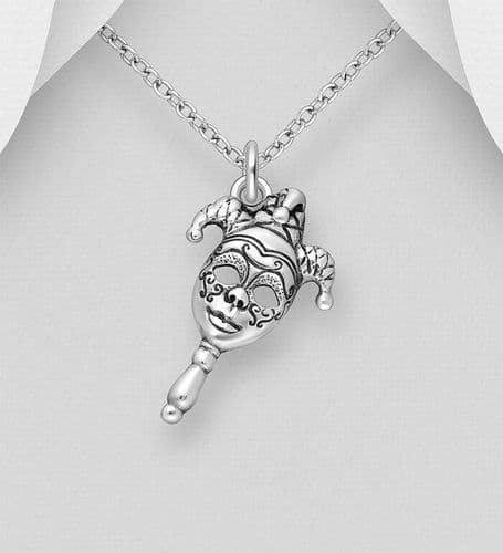 925 Sterling Silver Oxidized Designer Inspired Jester Mask Pendant & Chain