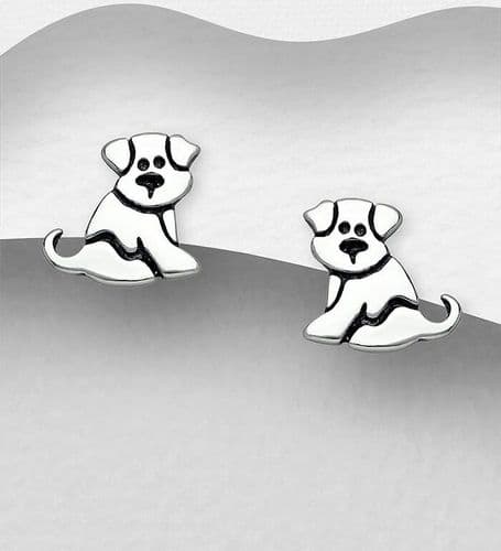 925 Sterling Silver Oxidized Dog Push-Back/Stud Earrings