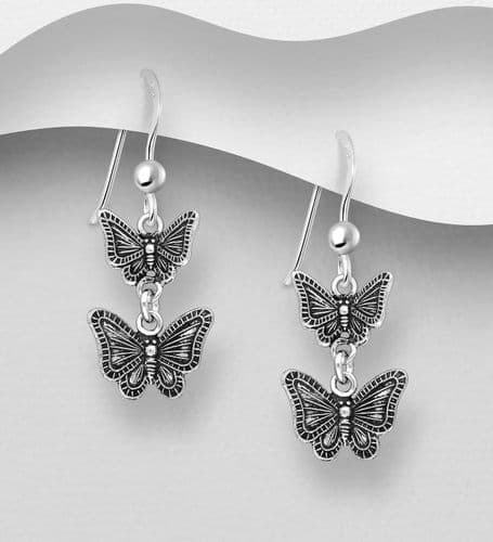 925 Sterling Silver Oxidized Double Butterfly Hook Drop Earrings