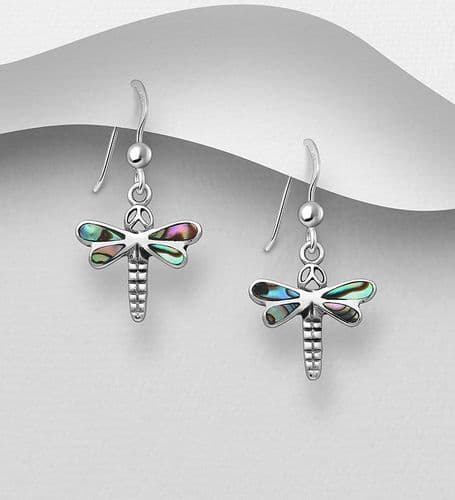 925 Sterling Silver Oxidized Dragonfly Drop Hook Earrings, Decorated with Abalone Shel