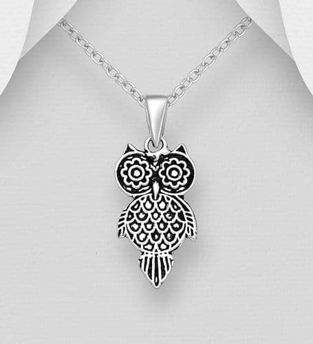 925 Sterling Silver Oxidized Engraved Owl Pendant & Chain