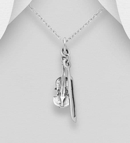 925 Sterling Silver Oxidized Exquisite Violin pendant & Chain Accompanied by a Bow