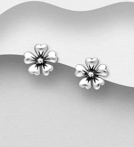 925 Sterling Silver Oxidized Flower With Heart Shaped Leaf Push-Back/Stud Earrings