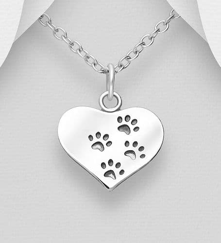 925 Sterling Silver Oxidized Heart And Paw Pendant & Chain - Perfect for Pet Lovers