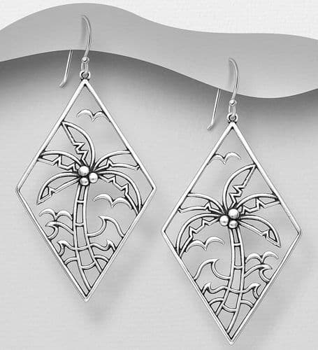 925 Sterling Silver Oxidized Hook Drop Earrings Featuring Coconut Tree, Birds and Waves