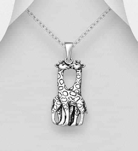 925 Sterling Silver Oxidized Kissing Giraffe Pendant & Chain