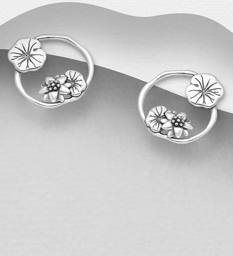 925 Sterling Silver Oxidized Lotus and Leaf Push-Back Earrings