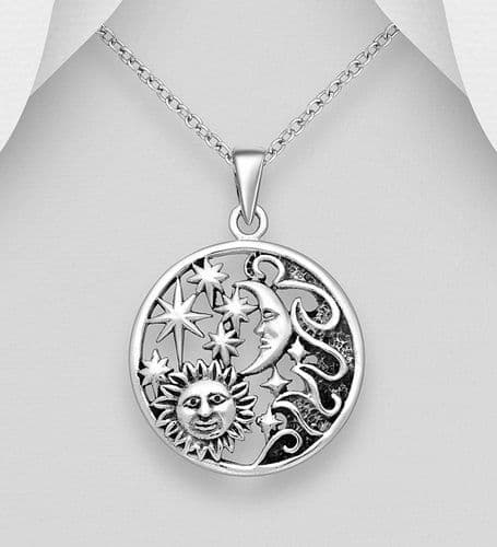 925 Sterling Silver Oxidized Pendant & Chain, Featuring Sun, Star and Moon Design