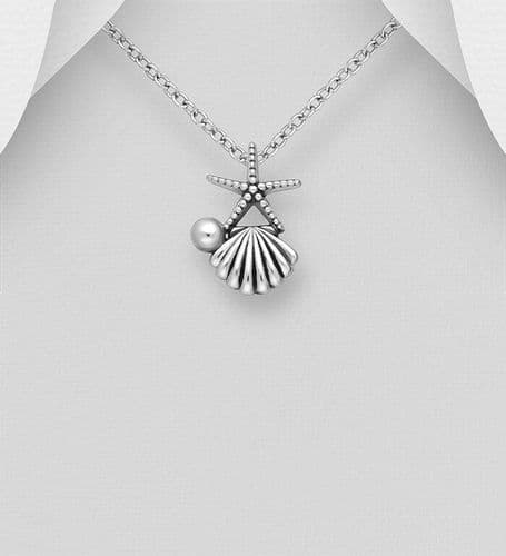 925 Sterling Silver Oxidized Shell and Starfish Pendant & Chain