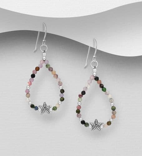 925 Sterling Silver Oxidized Starfish Earrings, Beaded With Tourmaline Gemstone Beads