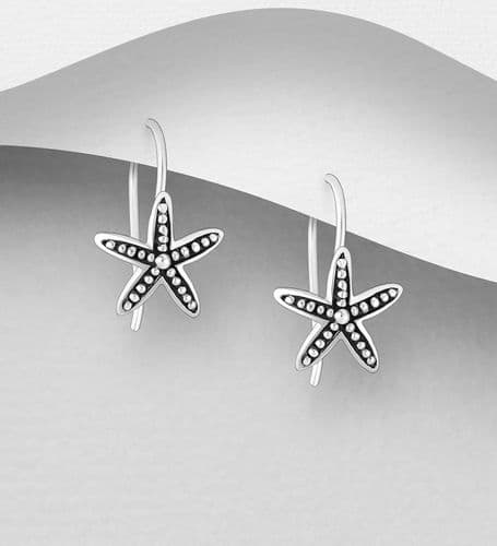 925 Sterling Silver Oxidized Starfish Fixed Hook Drop Earrings