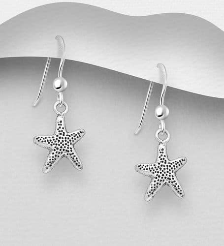 925 Sterling Silver Oxidized Starfish Hook/Drop Earrings