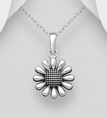 925 Sterling Silver Oxidized Sunflower Pendant & Chain
