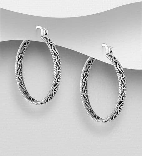 925 Sterling Silver Oxidized Swirl Woven Style Hoop Earrings