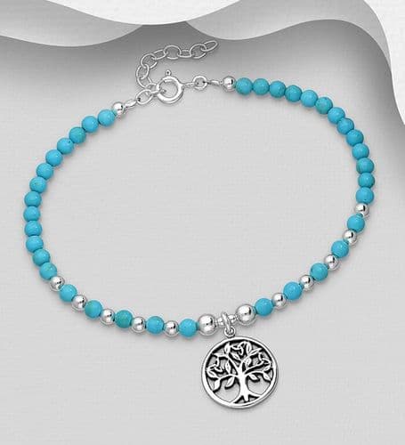 925 Sterling Silver Oxidized Tree of Life Bracelet, Beaded with Reconstructed Sky Blue Turquoise