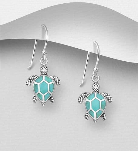 925 Sterling Silver Oxidized Turtle Hook/Drop Earrings, Decorated With Light Blue with Resin