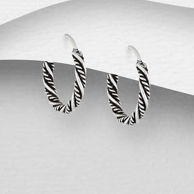 925 Sterling Silver Oxidized Twisted Hoop Earrings