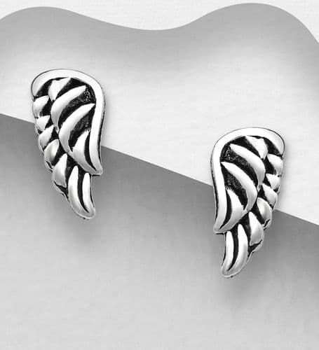 925 Sterling Silver Oxidized Wings Push-Back/stud Earrings