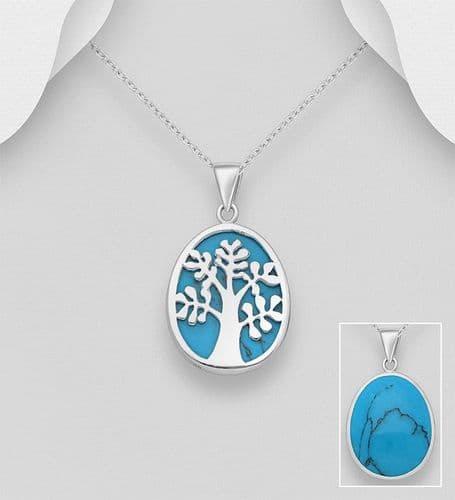 925 Sterling Silver Pear Shape Tree of Life Pendant & Chain Decorated With a Light Blue Stone