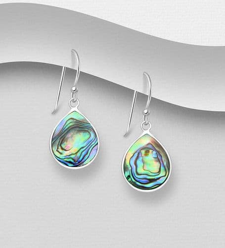 925 Sterling Silver Pear-Shaped Hook/Drop Earrings Decorated with Abalone  On Front & Reverse Sides