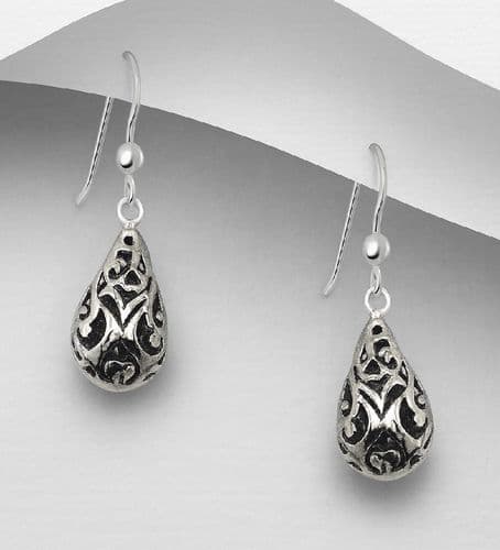 925 Sterling Silver Pear Shaped Open Work Hook/Drop Earrings