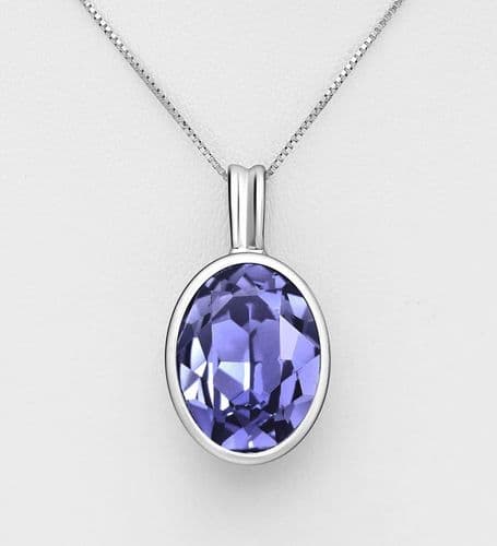 925 Sterling Silver Pendant & Chain, Adorned With An Exquisite Austrian Crystal In A Tanzanite Hue