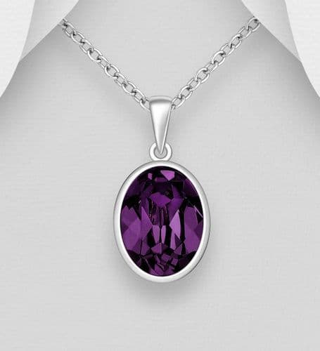 925 Sterling Silver Pendant & Chain Decorated with A Fine Oval Amethyst Austrian Crystal