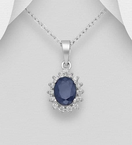 925 Sterling Silver Pendant & Chain, Decorated with a Real Blue Sapphire and CZ Simulated Diamonds