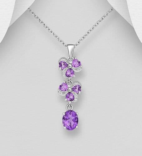 925 Sterling Silver Pendant & Chain, Decorated with Amethyst and Simulated Diamonds