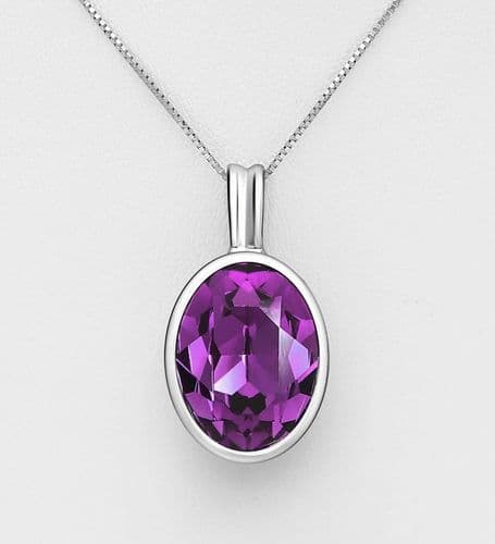 925 Sterling Silver Pendant & Chain Decorated with Fine Amethyst Austrian Crystal