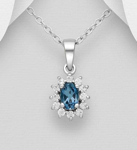 925 Sterling Silver Pendant & Chain, Decorated with London Blue Topaz and CZ Simulated Diamonds