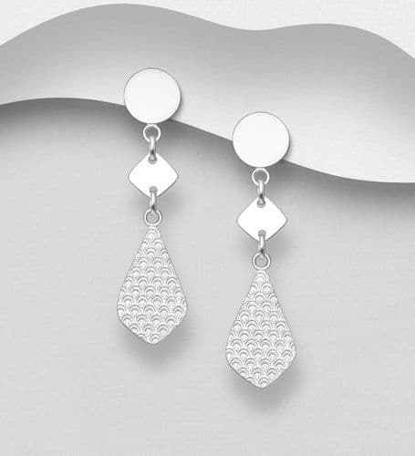 925 Sterling Silver Polished and Textured, Push-Back/Drop Earrings