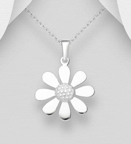 925 Sterling Silver Polished Flower Pendant & Chain