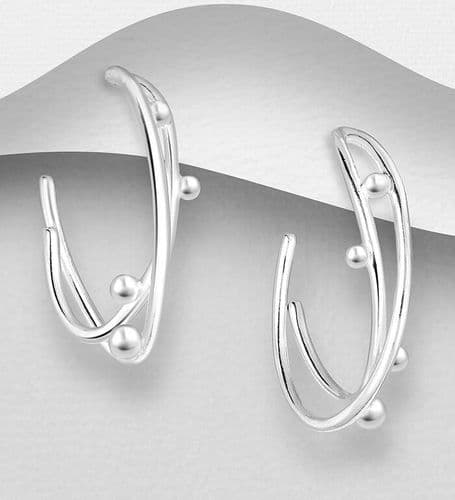 925 Sterling Silver Polished Plain Hoops With Balls Push-Back Earrings