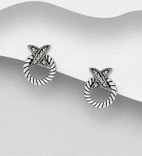 925 Sterling Silver Push-Back Earrings, Decorated with Marcasite