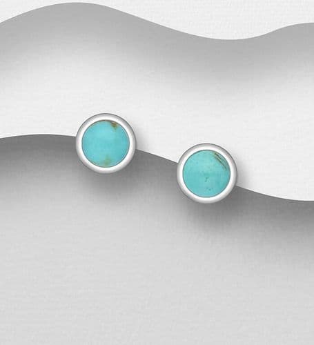 925 Sterling Silver Push-Back Earrings, Decorated with Reconstructed Light Green Turquoise