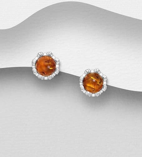 925 Sterling Silver Push-Back/Stud Earrings, Decorated with Baltic Amber