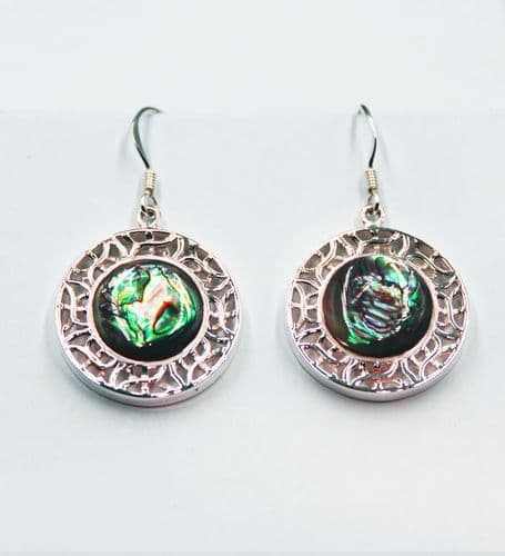 925 Sterling Silver Round Drop Earrings. Set with Abalone Shell Surround with a Filigree Design