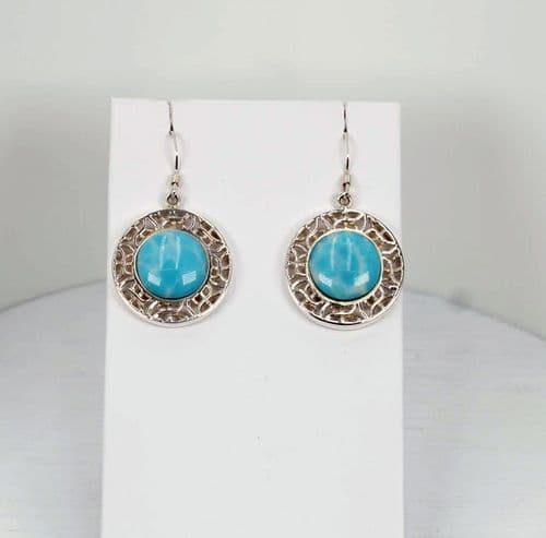 925 Sterling Silver Round Modern Sculptured Hook/Drop Earrings, Decorated with Light Blue Shell